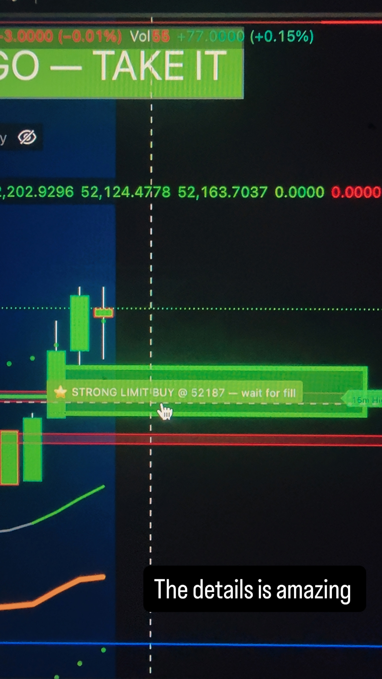 GLS in action — the banner calls GO — TAKE IT and the limit waits for the fill
